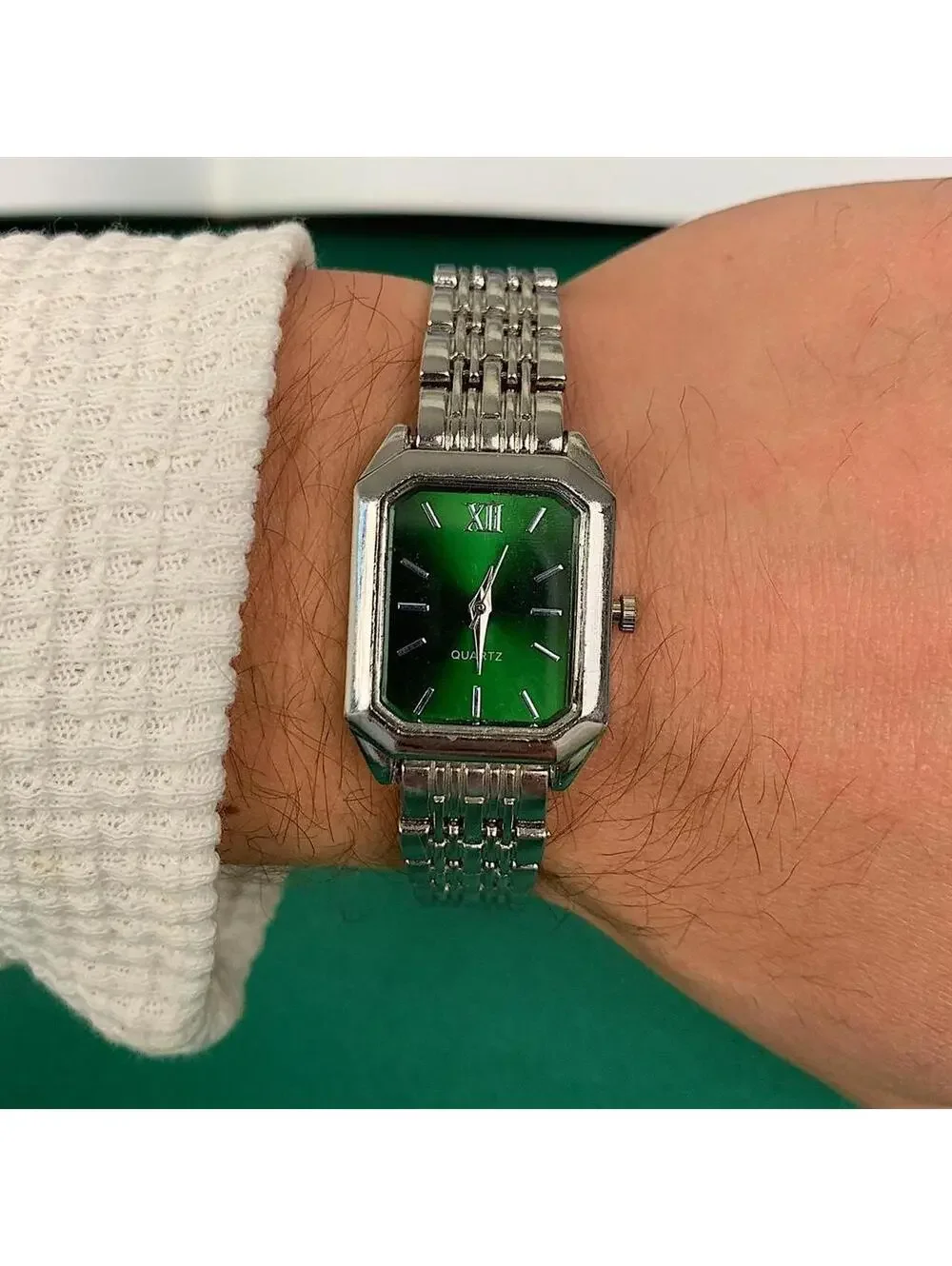 Y2K 2000s Vintage Minimalist Classy Stainless Steel Rectangular Green Face Watch